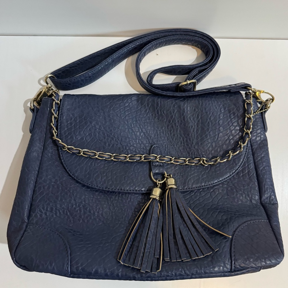 Big Buddha Navy Pebbled Vegan Leather Crossbody W/ Gold Accents